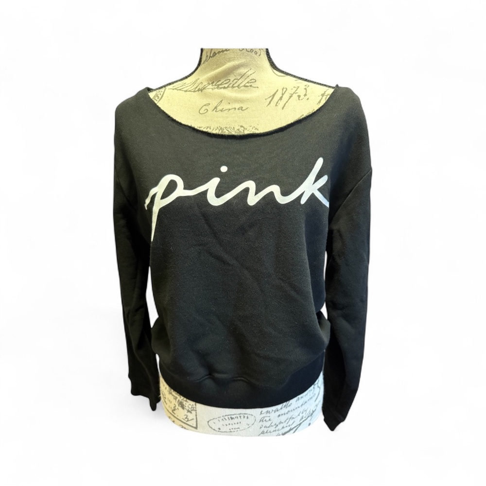 Victoria’s Secret PINK Logo Boatneck Sweatshirt-Black-Size m